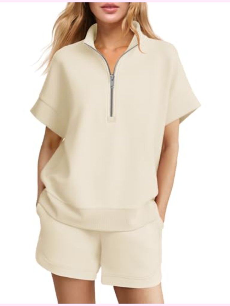 Womens Lounge 2 Piece Short Set - Half Zip Top & Pockets Shorts - Airport